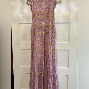 Oliphant lilac, gold and white cotton maxi dress